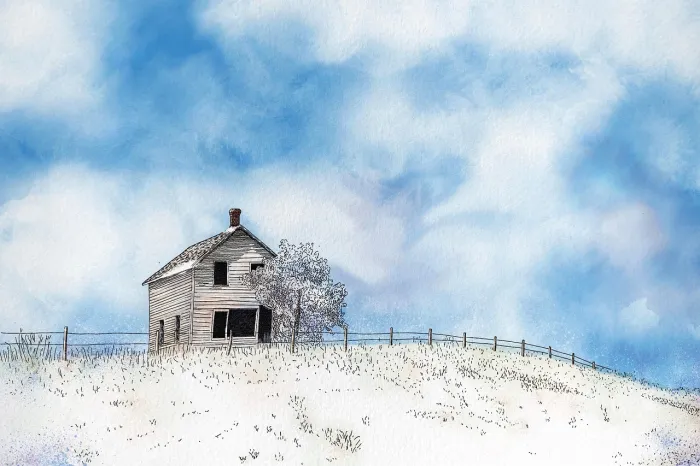 Pen and ink line drawing of a two-story rustic wooden cottage on a snowy hill under a soft blue sky. | PrintPosters.in